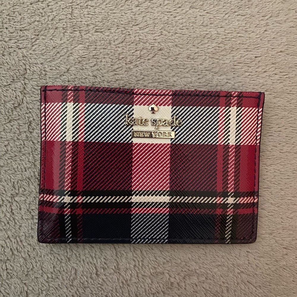 Kate Spade ~ rare plaid slim wallet ~ red, navy ~ never used ~ sheen finish